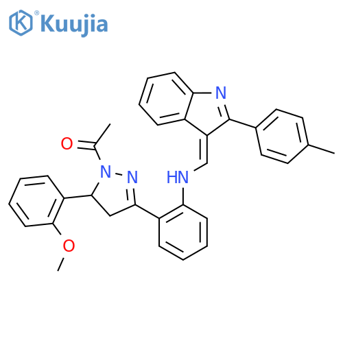 2-[1-acetyl-5-(2-methoxyphenyl)-4,5-dihydro-1H-pyrazol-3-yl]-N-{(E)-[2-(4-methylphenyl)-3H-indol-3-ylidene]methyl}aniline structure
