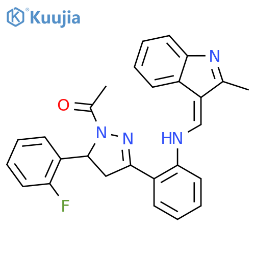 2-[1-acetyl-5-(2-fluorophenyl)-4,5-dihydro-1H-pyrazol-3-yl]-N-[(E)-(2-methyl-3H-indol-3-ylidene)methyl]aniline structure