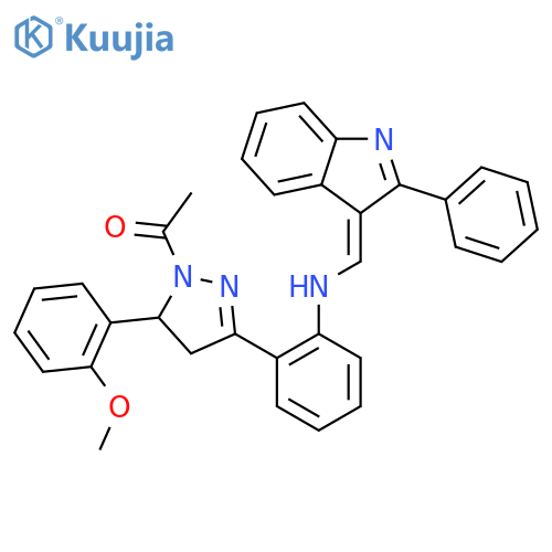 2-[1-acetyl-5-(2-methoxyphenyl)-4,5-dihydro-1H-pyrazol-3-yl]-N-[(E)-(2-phenyl-3H-indol-3-ylidene)methyl]aniline structure
