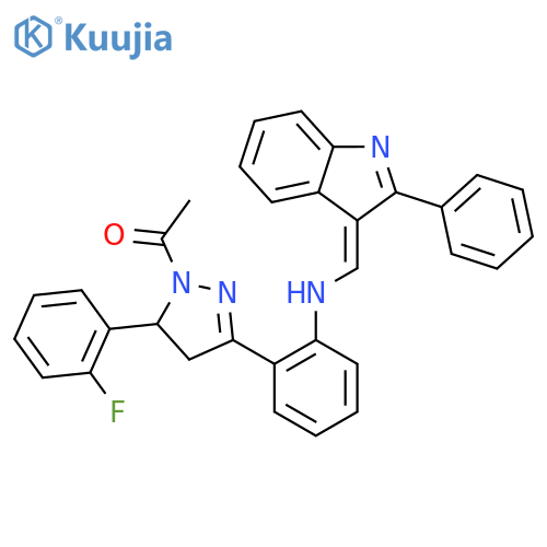 2-[1-acetyl-5-(2-fluorophenyl)-4,5-dihydro-1H-pyrazol-3-yl]-N-[(E)-(2-phenyl-3H-indol-3-ylidene)methyl]aniline structure