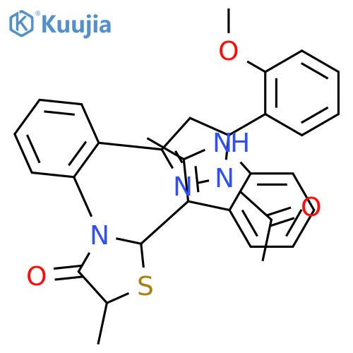 3-{2-[1-acetyl-5-(2-methoxyphenyl)-4,5-dihydro-1H-pyrazol-3-yl]phenyl}-5-methyl-2-(2-methyl-1H-indol-3-yl)-1,3-thiazolidin-4-one structure
