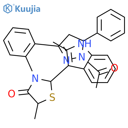 3-[2-(1-acetyl-5-phenyl-4,5-dihydro-1H-pyrazol-3-yl)phenyl]-5-methyl-2-(2-methyl-1H-indol-3-yl)-1,3-thiazolidin-4-one structure