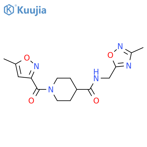 N-(3-methyl-1,2,4-oxadiazol-5-yl)methyl-1-(5-methyl-1,2-oxazole-3-carbonyl)piperidine-4-carboxamide structure