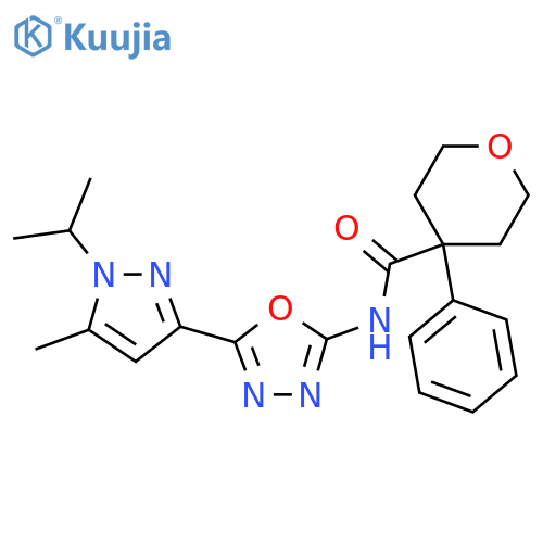 N-{5-[5-methyl-1-(propan-2-yl)-1H-pyrazol-3-yl]-1,3,4-oxadiazol-2-yl}-4-phenyloxane-4-carboxamide structure