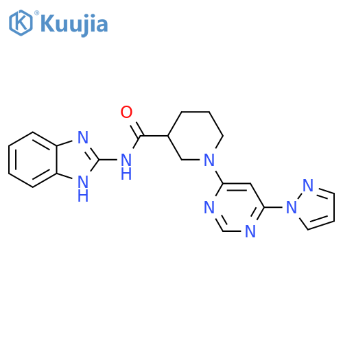 N-(1H-1,3-benzodiazol-2-yl)-1-6-(1H-pyrazol-1-yl)pyrimidin-4-ylpiperidine-3-carboxamide structure