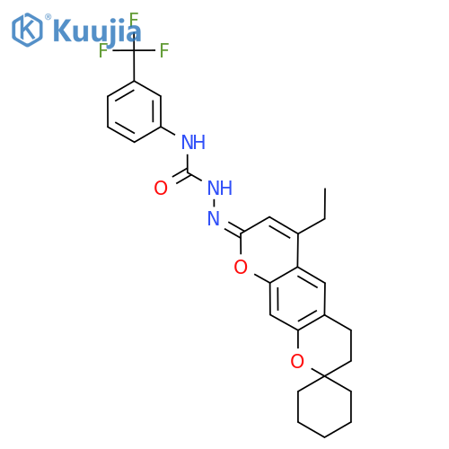 3-({6'-ethyl-4',8'-dihydro-3'H-spiro[cyclohexane-1,2'-pyrano[3,2-g]chromene]-8'-ylidene}amino)-1-[3-(trifluoromethyl)phenyl]urea structure