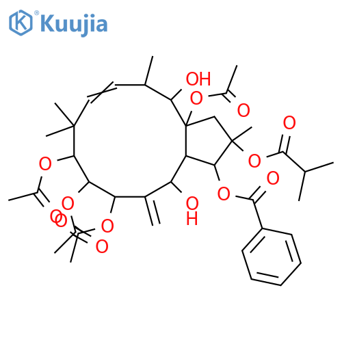 6(17),11-Jatrophadiene-2,3,5,7,8,9,14,15-octol; (2α,3α,5β,7α,8α,9α,11E,13α,14β,15β)-form, 3-Benzoyl, 2-O-(2-methylpropanoyl), 7,8,9,15-tetra-Ac structure