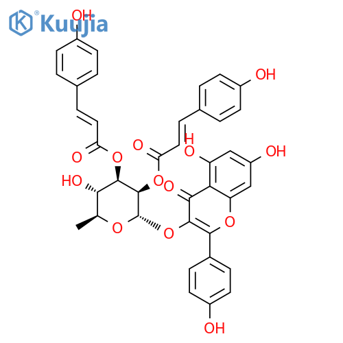 5,7-dihydroxy-2-(4-hydroxyphenyl)-4-oxo-4H-chromen-3-yl 6-deoxy-2,3-bis-O-[(2E)-3-(4-hydroxyphenyl)prop-2-enoyl]-alpha-L-mannopyranoside structure
