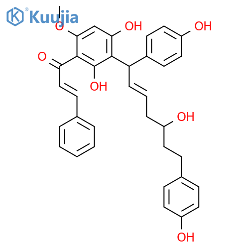 (2E)-1-{2,4-dihydroxy-3-[(1S,2E,5R)-5-hydroxy-1,7-bis(4-hydroxyphenyl)-2-hepten-1-yl]-6-methoxyphenyl}-3-phenyl-2-propen-1-one structure