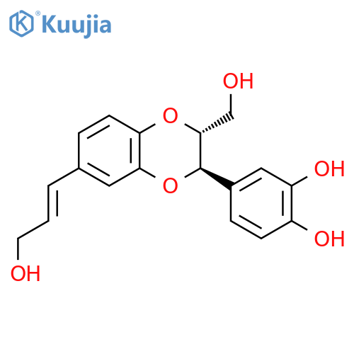 1,2-Benzenediol,4-[(2R,3R)-2,3-dihydro-3-(hydroxymethyl)-7-[(1E)-3-hydroxy-1-propen-1-yl]-1,4-benzodioxin-2-yl]-,rel- structure