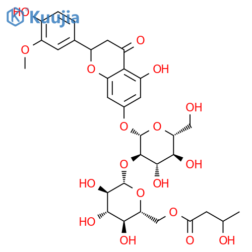 3,4-dihydro-5-hydroxy-2-(4-hydroxy-3-methoxyphenyl)-4-oxo-2H-chromen-7-yl 2-O-[6-O-(3-hydroxybutanoyl)-beta-D-glucopyranosyl]-beta-D-glucopyranoside structure