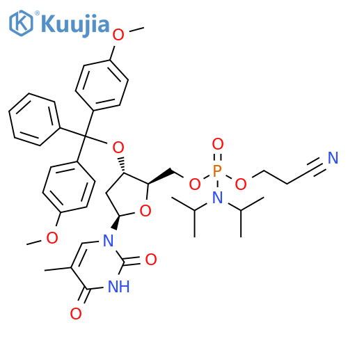 5'-O-(N,N-diisopropylamino)-(2-cyanoethoxy)phosphinyl-3'-O-(4,4'-dimethoxytrityl)-thymidine structure