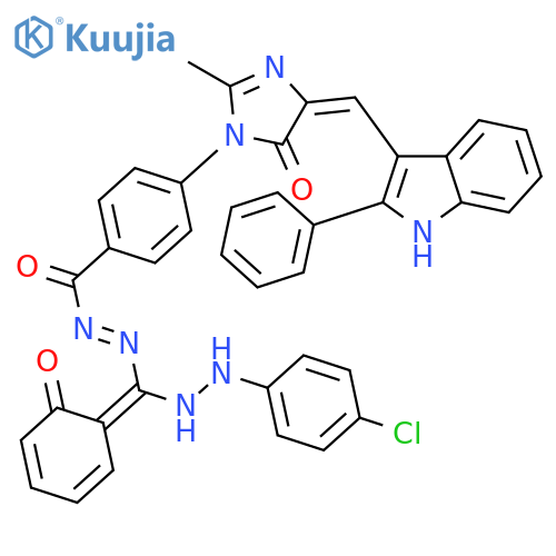 (5Z)-3-[4-({(E)-[(E)-[2-(4-chlorophenyl)hydrazinyl](6-oxocyclohexa-2,4-dien-1-ylidene)methyl]diazenyl}carbonyl)phenyl]-2-methyl-5-[(2-phenyl-1H-indol-3-yl)methylidene]-3,5-dihydro-4H-imidazol-4-one structure