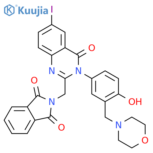 2-({3-[4-hydroxy-3-(morpholin-4-ylmethyl)phenyl]-6-iodo-4-oxo-3,4-dihydroquinazolin-2-yl}methyl)-1H-isoindole-1,3(2H)-dione structure