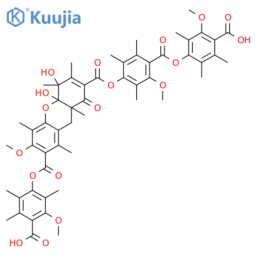 1H-Xanthene-2,7-dicarboxylicacid,4,4a,9,9a-tetrahydro-4,4a-dihydroxy-6-methoxy-3,4,5,8,9a-pentamethyl-1-oxo-,7-(4-carboxy-3-methoxy-2,5,6-trimethylphenyl) 2-[4-[(4-carboxy-3-methoxy-2,5,6-trimethylphenoxy)carbonyl]-3-methoxy-2,5,6-trimethylphenyl]ester, (4R,4aR,9aS)-rel- structure