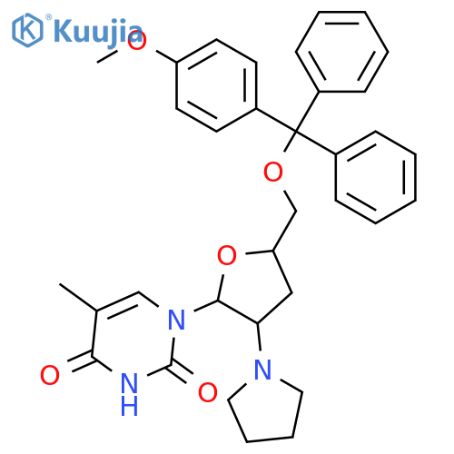 3'-deoxy-5'-O-[(4-methoxyphenyl)(diphenyl)methyl]-2'-pyrrolidin-1-ylthymidine structure