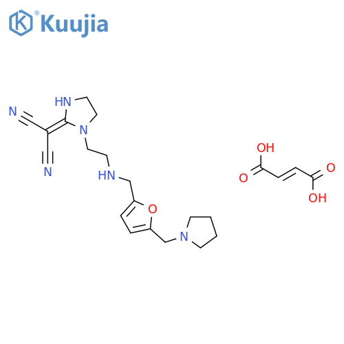 {1-[2-({[5-(pyrrolidin-1-ylmethyl)furan-2-yl]methyl}amino)ethyl]imidazolidin-2-ylidene}propanedinitrile (2E)-but-2-enedioate structure
