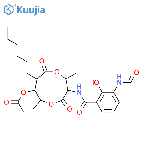 3-(3-formamido-2-hydroxybenzamido)-8-hexyl-2,6-dimethyl-4,9-dioxo-1,5-dioxonan-7-yl acetate structure