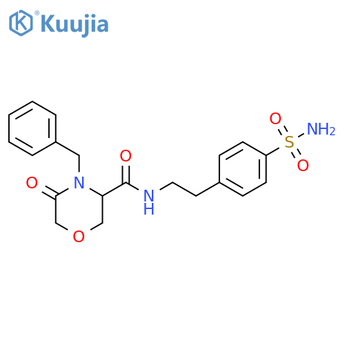 4-benzyl-5-oxo-N-[2-(4-sulfamoylphenyl)ethyl]morpholine-3-carboxamide structure