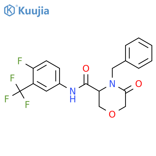 4-benzyl-N-[4-fluoro-3-(trifluoromethyl)phenyl]-5-oxomorpholine-3-carboxamide structure