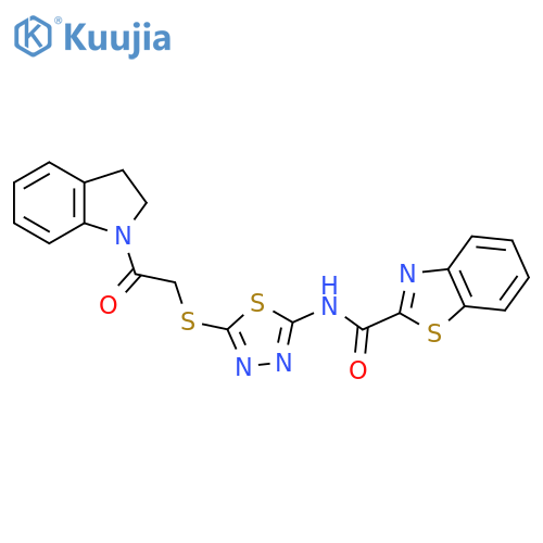 N-(5-{[2-(2,3-dihydro-1H-indol-1-yl)-2-oxoethyl]sulfanyl}-1,3,4-thiadiazol-2-yl)-1,3-benzothiazole-2-carboxamide structure