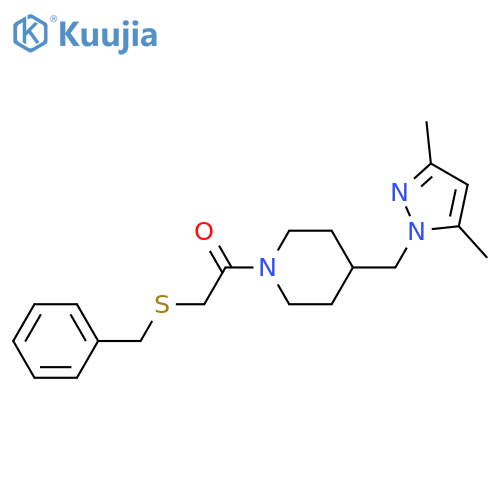 2-(benzylsulfanyl)-1-{4-(3,5-dimethyl-1H-pyrazol-1-yl)methylpiperidin-1-yl}ethan-1-one structure
