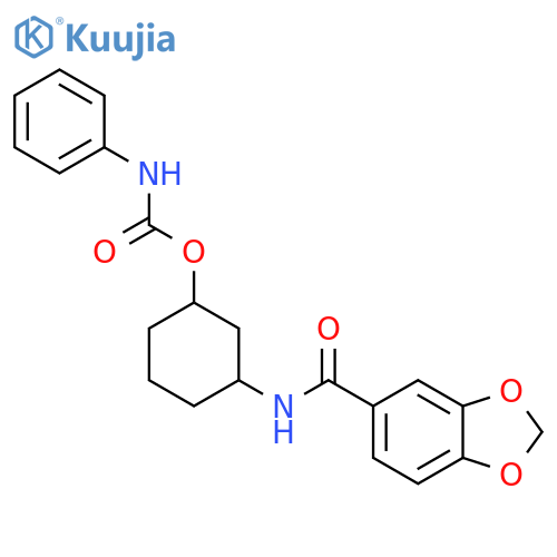 3-(2H-1,3-benzodioxole-5-amido)cyclohexyl N-phenylcarbamate structure