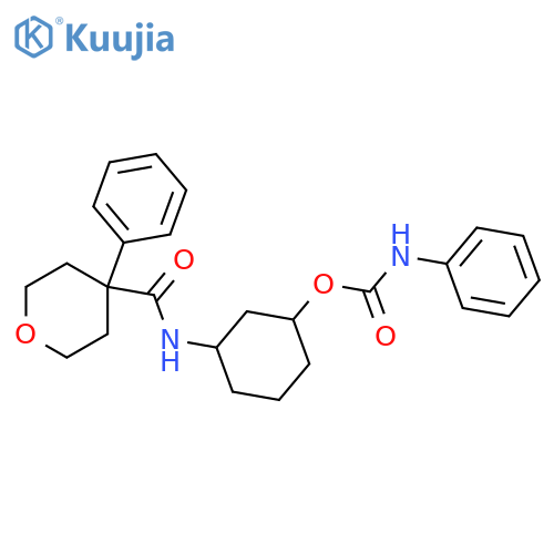 3-(4-phenyloxane-4-amido)cyclohexyl N-phenylcarbamate structure
