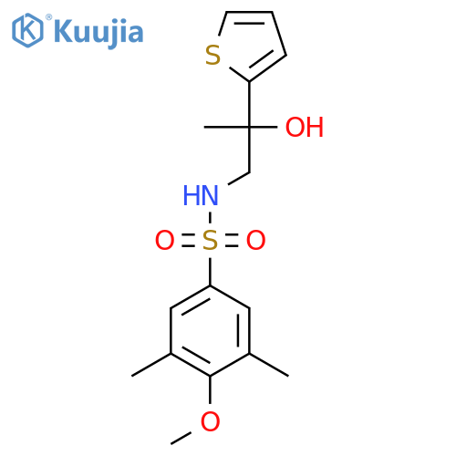 N-2-hydroxy-2-(thiophen-2-yl)propyl-4-methoxy-3,5-dimethylbenzene-1-sulfonamide structure