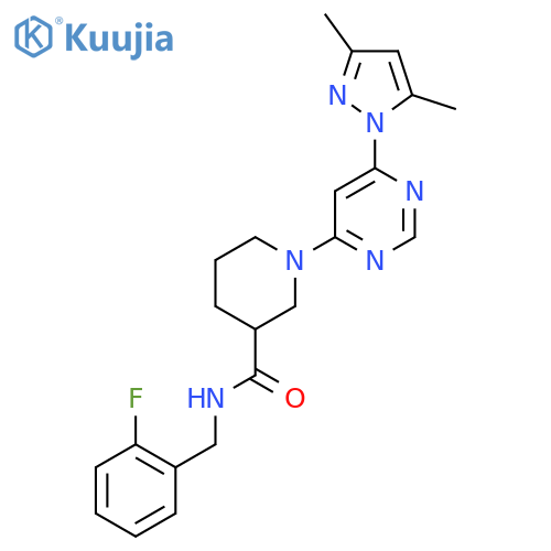 1-6-(3,5-dimethyl-1H-pyrazol-1-yl)pyrimidin-4-yl-N-(2-fluorophenyl)methylpiperidine-3-carboxamide structure