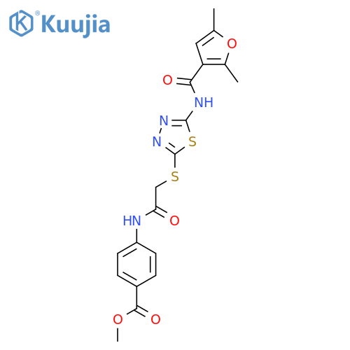 methyl 4-(2-{5-(2,5-dimethylfuran-3-amido)-1,3,4-thiadiazol-2-ylsulfanyl}acetamido)benzoate structure