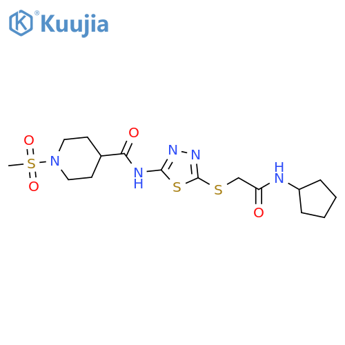 N-(5-{(cyclopentylcarbamoyl)methylsulfanyl}-1,3,4-thiadiazol-2-yl)-1-methanesulfonylpiperidine-4-carboxamide structure