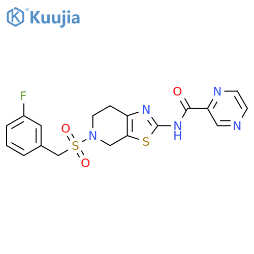 N-{5-(3-fluorophenyl)methanesulfonyl-4H,5H,6H,7H-1,3thiazolo5,4-cpyridin-2-yl}pyrazine-2-carboxamide structure
