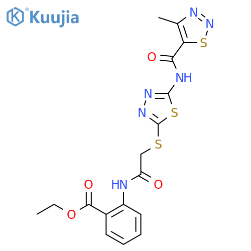 ethyl 2-(2-{5-(4-methyl-1,2,3-thiadiazole-5-amido)-1,3,4-thiadiazol-2-ylsulfanyl}acetamido)benzoate structure