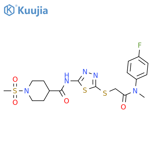 N-{5-({(4-fluorophenyl)methylcarbamoyl}methyl)sulfanyl-1,3,4-thiadiazol-2-yl}-1-methanesulfonylpiperidine-4-carboxamide structure