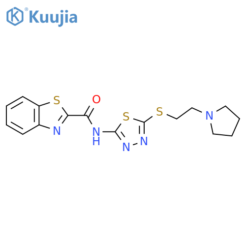 N-(5-{[2-(pyrrolidin-1-yl)ethyl]sulfanyl}-1,3,4-thiadiazol-2-yl)-1,3-benzothiazole-2-carboxamide structure