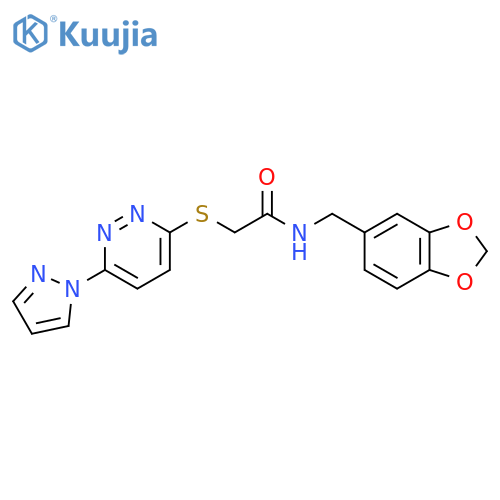 N-(2H-1,3-benzodioxol-5-yl)methyl-2-{6-(1H-pyrazol-1-yl)pyridazin-3-ylsulfanyl}acetamide structure