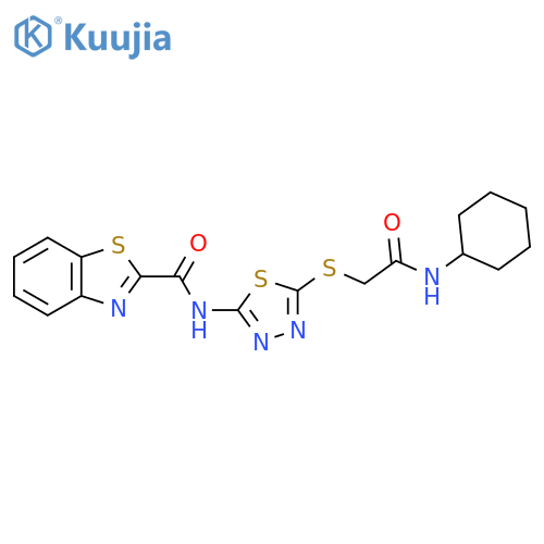 N-(5-{[(cyclohexylcarbamoyl)methyl]sulfanyl}-1,3,4-thiadiazol-2-yl)-1,3-benzothiazole-2-carboxamide structure