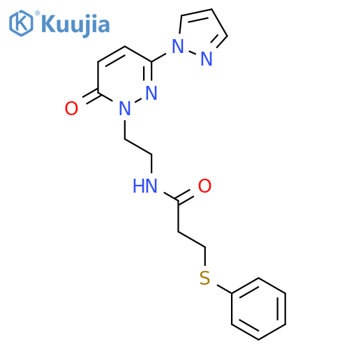 N-{2-6-oxo-3-(1H-pyrazol-1-yl)-1,6-dihydropyridazin-1-ylethyl}-3-(phenylsulfanyl)propanamide structure