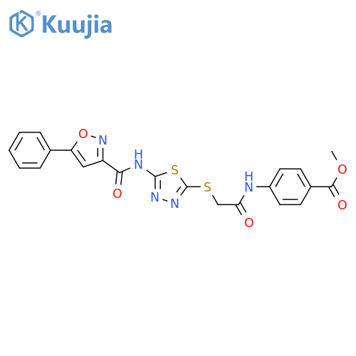 methyl 4-(2-{5-(5-phenyl-1,2-oxazole-3-amido)-1,3,4-thiadiazol-2-ylsulfanyl}acetamido)benzoate structure
