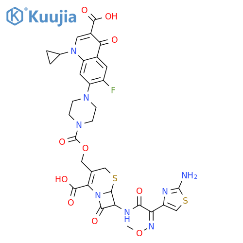 7-[4-({[(6R,7R)-7-{[(2E)-2-(2-amino-1,3-thiazol-4-yl)-2-(methoxyimino)acetyl]amino}-2-carboxy-8-oxo-5-thia-1-azabicyclo[4.2.0]oct-2-en-3-yl]methoxy}carbonyl)piperazin-1-yl]-1-cyclopropyl-6-fluoro-4-oxo-1,4-dihydroquinoline-3-carboxylic acid structure