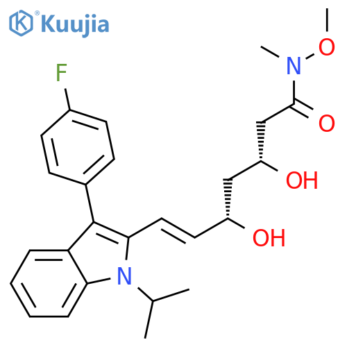 E-(7-[3-(4-fluorophenyl)-1-isopropyl-1H-indol-2-yl]-[(3R,5S)-3,5-dihydroxy-hept-6-enoic acid])-N-methoxy-N-methyl-amide structure