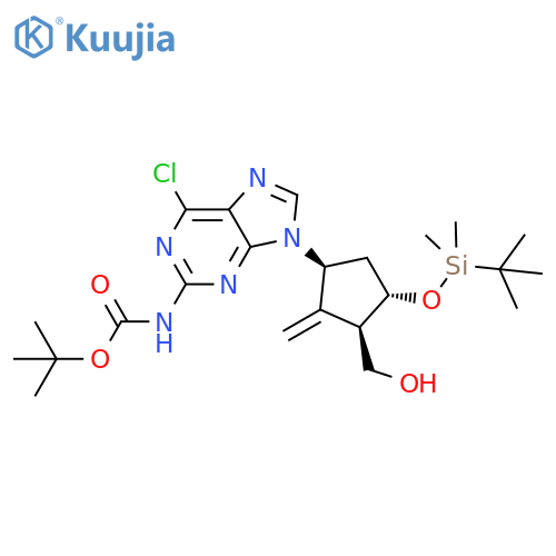 9-[(1S,3R,4S)-4-tert-butyldimethylsilyloxy-3-hydroxymethyl-2-methylene-cyclopentyl]-6-chloro-9H-purine-2-carbamic acid tert-butyl ester structure