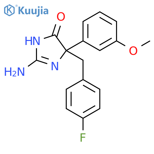 2-amino-5-[(4-fluorophenyl)methyl]-5-(3-methoxyphenyl)-4,5-dihydro-1H-imidazol-4-one structure