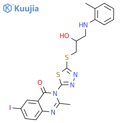 3-[5-({2-hydroxy-3-[(2-methylphenyl)amino]propyl}sulfanyl)-1,3,4-thiadiazol-2-yl]-6-iodo-2-methylquinazolin-4(3H)-one structure