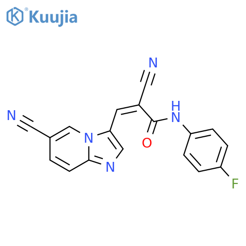 (Z)-2-cyano-3-(6-cyanoimidazo[1,2-a]pyridin-3-yl)-N-(4-fluorophenyl)prop-2-enamide structure