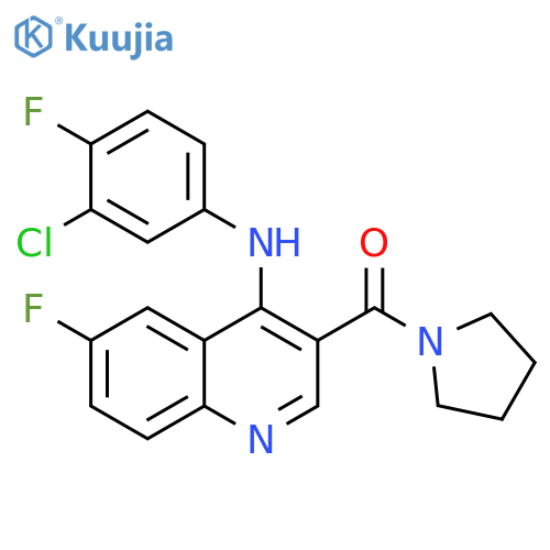 N-(3-chloro-4-fluorophenyl)-6-fluoro-3-(pyrrolidine-1-carbonyl)quinolin-4-amine structure