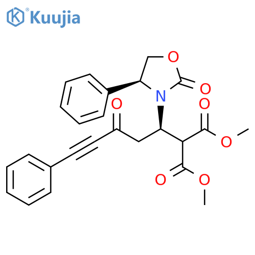 Propanedioic acid,[(1R)-3-oxo-1-[(4S)-2-oxo-4-phenyl-3-oxazolidinyl]-5-phenyl-4-pentynyl]-, dimethyl ester structure