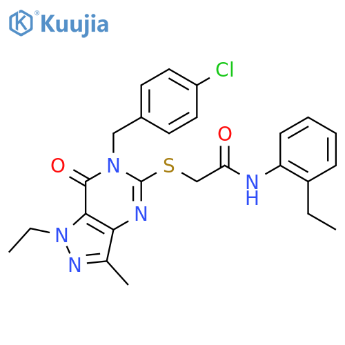 2-({6-(4-chlorophenyl)methyl-1-ethyl-3-methyl-7-oxo-1H,6H,7H-pyrazolo4,3-dpyrimidin-5-yl}sulfanyl)-N-(2-ethylphenyl)acetamide structure