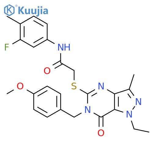 2-({1-ethyl-6-(4-methoxyphenyl)methyl-3-methyl-7-oxo-1H,6H,7H-pyrazolo4,3-dpyrimidin-5-yl}sulfanyl)-N-(3-fluoro-4-methylphenyl)acetamide structure